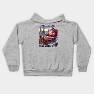 Santa Claus drives sleigh with reindeer to deliver gifts to kids in New York Kids Hoodie